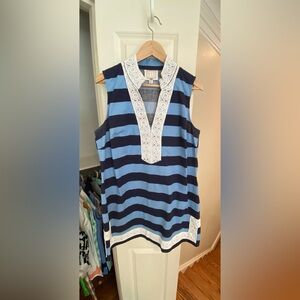Sail To Sable Blue & White Striped Dress, EUC, very stylish pattern trim/colors!